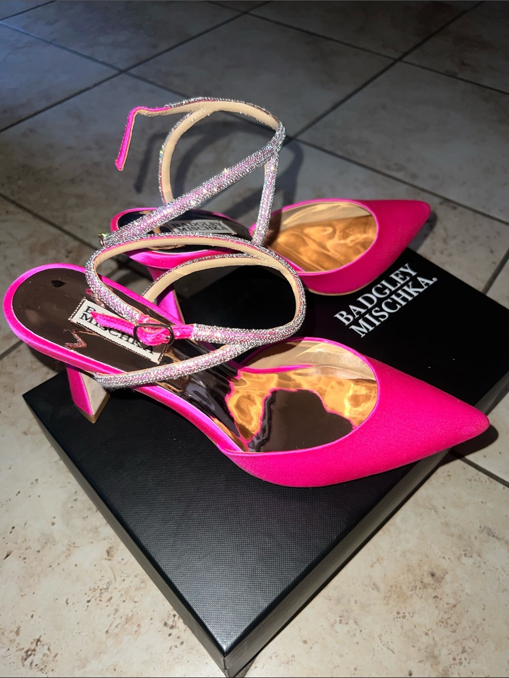 Badgley Mischka Hot Pink Satin Pointed-Toe Heels with Crystal Straps